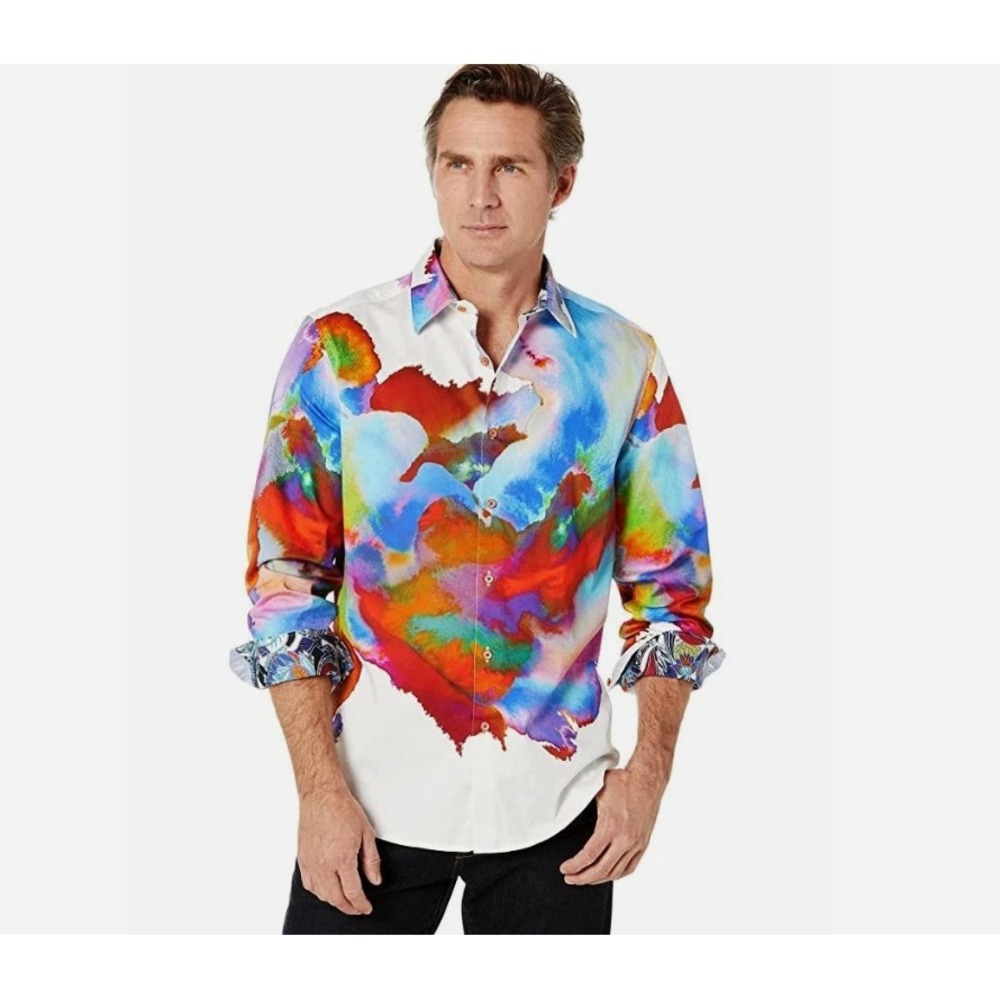 NWOT Robert Graham Azalea Watercolor Print Long Sleeve Stretch Shirt Multi 2XL